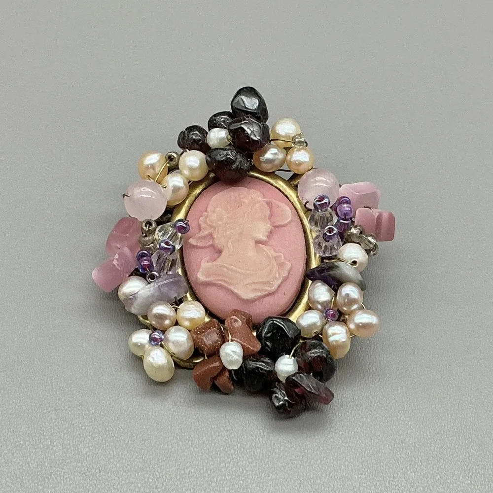 Pink Cameo Brooch Pin Gold Tone Multicolor Bead Cluster Faux Pearl Jewelry